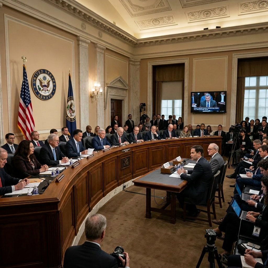 United States Senate members seated at a curved wooden desk during a hearing