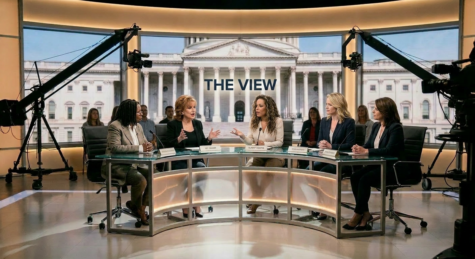 Five panelists engaged in a political debate on a television show set