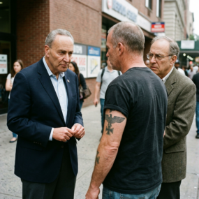 Man in suit talking seriously to tattooed man and older man in blazer on city street