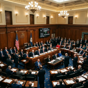 U.S. Senate chamber with senators voting on immigration reform bill showing yea and nay votes and public reactions