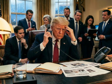 Senior official on phone looking concerned with crisis newspapers and staff working behind