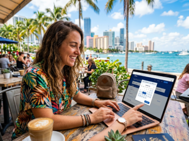 Woman using laptop to book a flight at an outdoor cafe with ocean and cityscape background