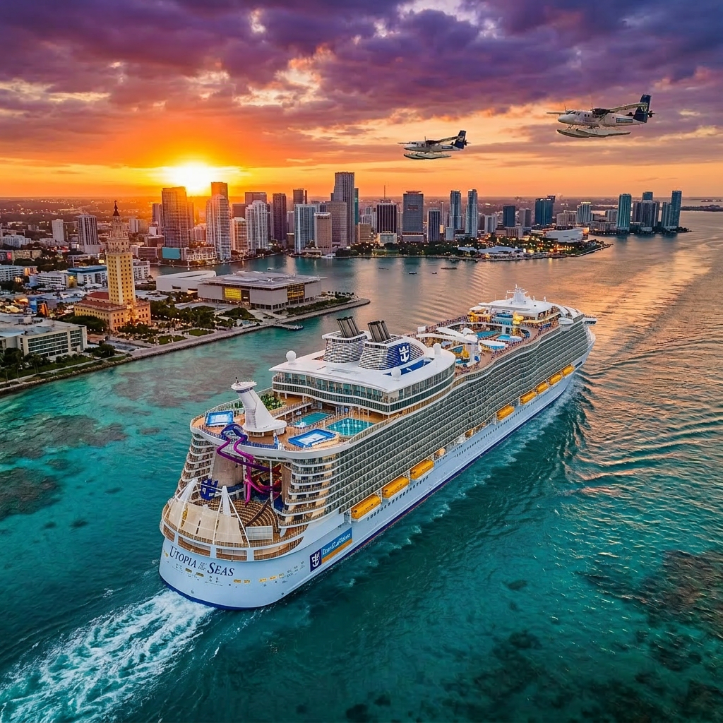 Large cruise ship Spectacle of Seas sailing from Miami harbor at sunset with city skyline and two seaplanes in the sky