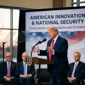 Donald Trump speaking at a podium about American innovation and national security