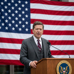 Man in suit speaking at podium with SEC seal and American flag background