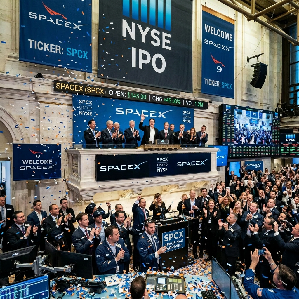 SpaceX executives and traders celebrating IPO launch at NYSE with confetti and banners
