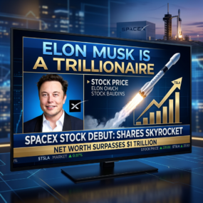 Elon Musk with SpaceX rocket and rising stock graph indicating trillionaire net worth