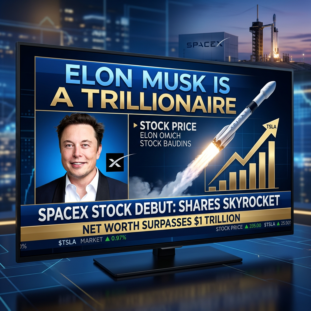 Elon Musk with SpaceX rocket and rising stock graph indicating trillionaire net worth