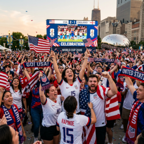 USA soccer fans waving flags and cheering with scoreboard showing USA 2-1 England