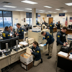 FBI agents examining voter registration files and documents in an office