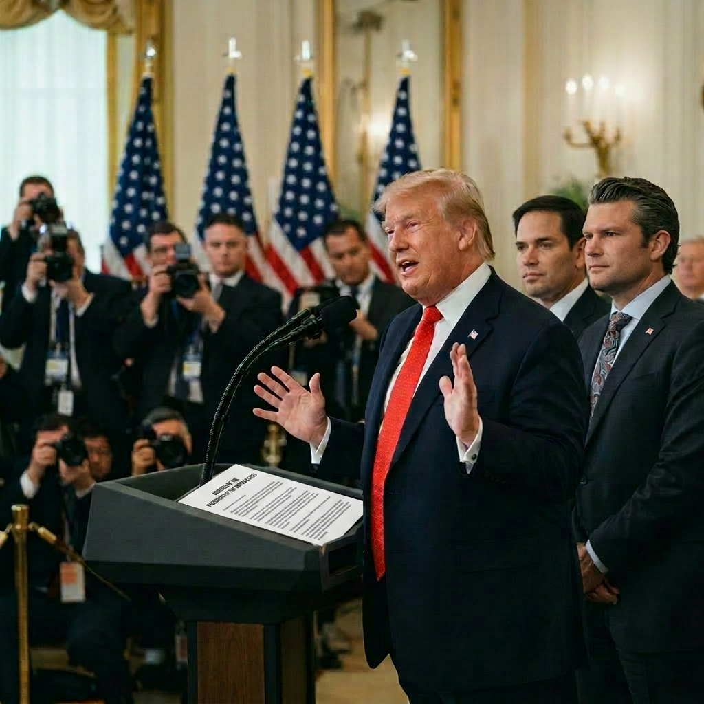 Donald Trump speaking at a podium with Iranian and American flags behind, surrounded by officials and photographers