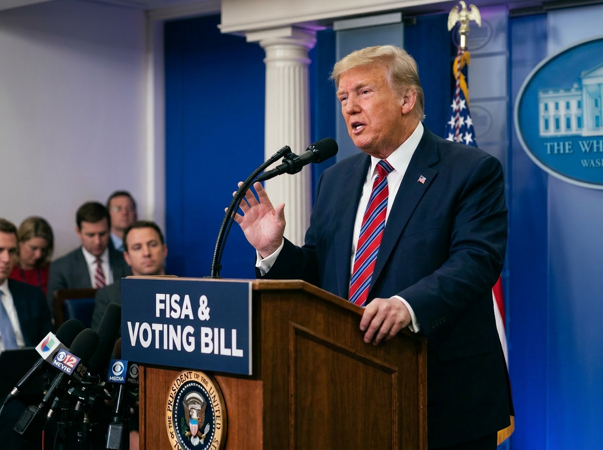 Donald Trump speaking at podium with sign reading 'FISA & VOTING BILLS' during press conference
