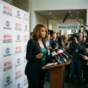 Woman at podium speaking during Netflix legal dispute press conference with media cameras and microphones