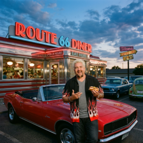 Man holding sandwich standing in front of red convertible outside Route 66 Diner at dusk