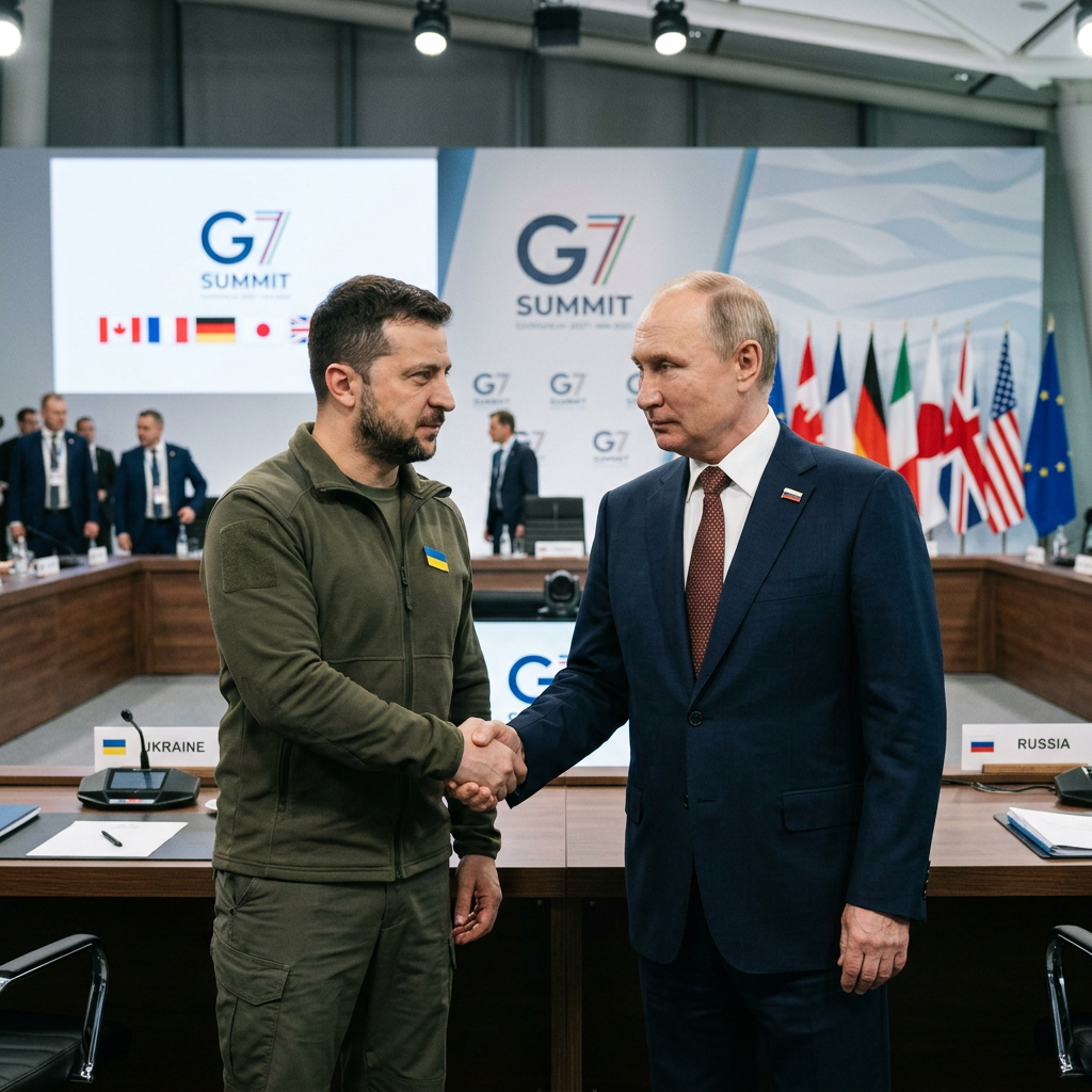 Ukrainian leader in military attire and Russian leader in suit shaking hands at G7 Summit table