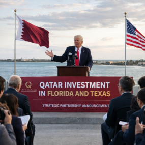 Woman speaking at podium with Qatar investment banner and New York City skyline background