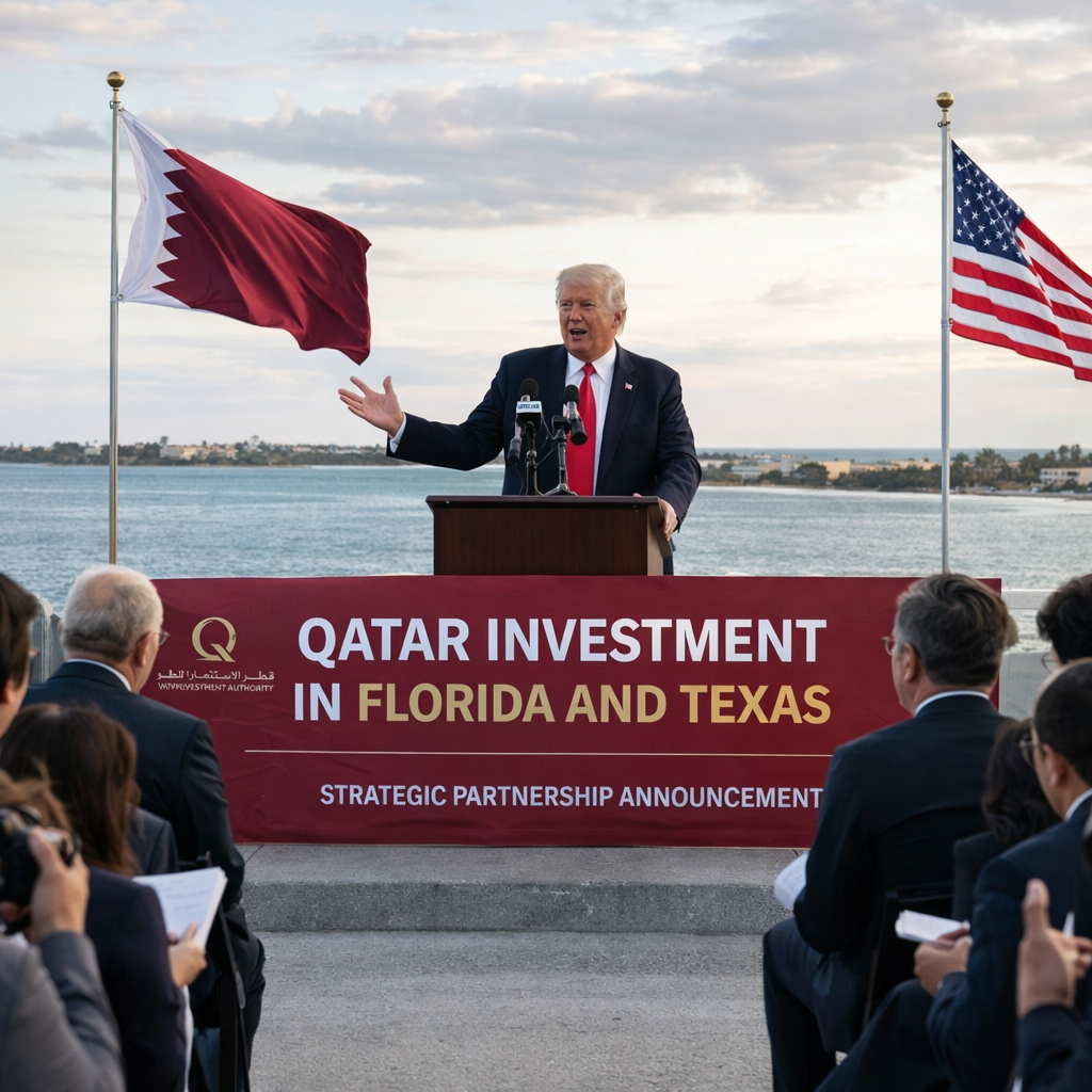 Woman speaking at podium with Qatar investment banner and New York City skyline background