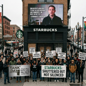 Protesters holding signs demanding labor rights and accountability outside closed Starbucks