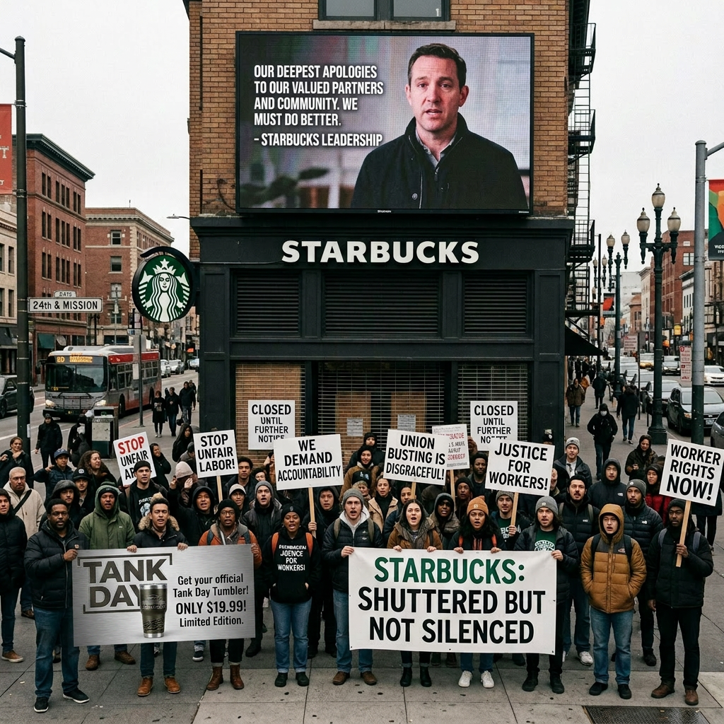 Protesters holding signs demanding labor rights and accountability outside closed Starbucks