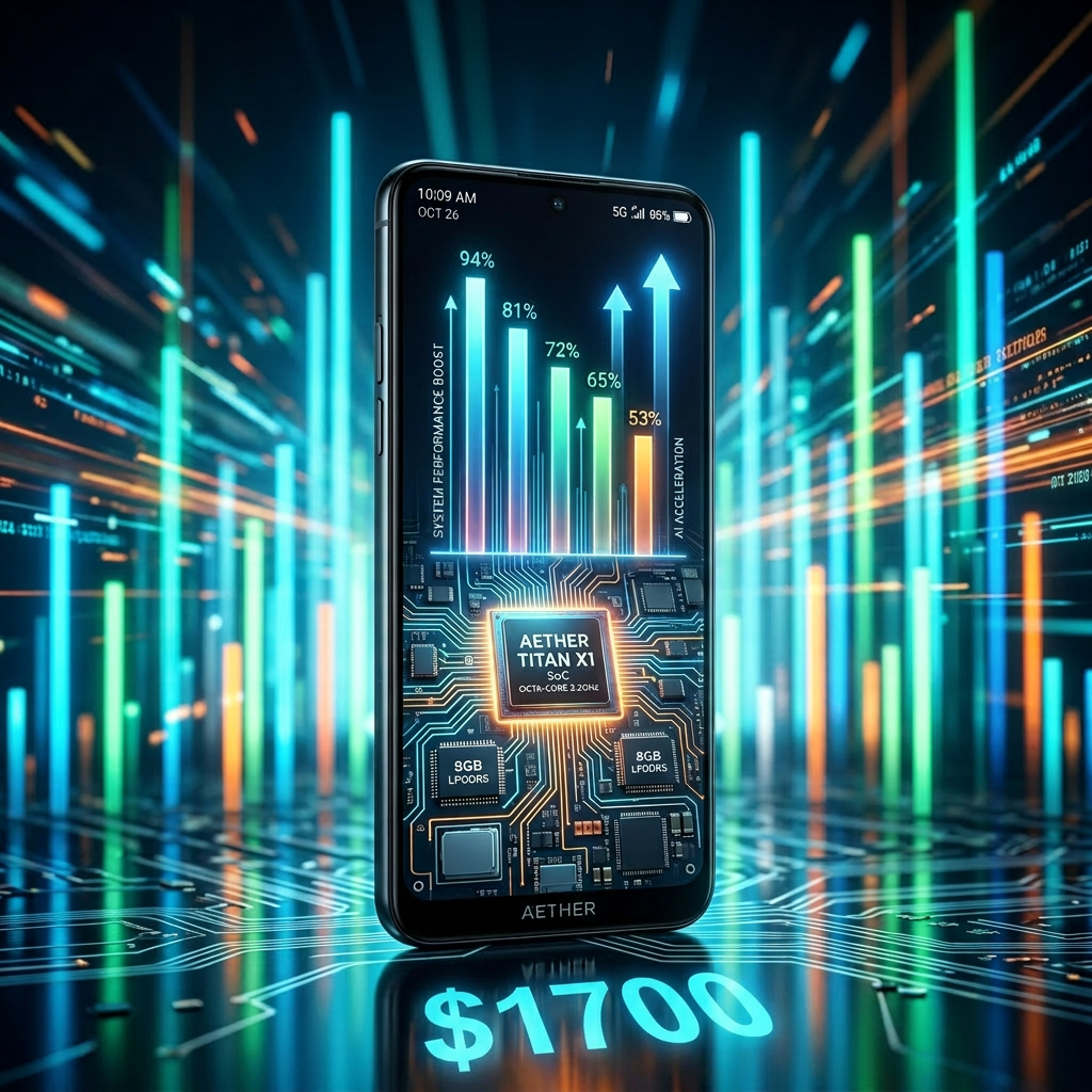 Smartphone displaying system performance boost percentages and SoC details