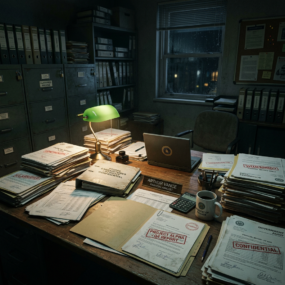 Office desk with stacks of confidential government files, a green desk lamp, and a laptop