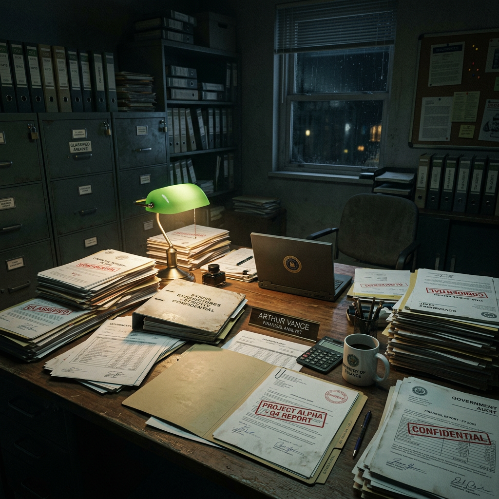 Office desk with stacks of confidential government files, a green desk lamp, and a laptop