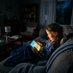 Child sitting on couch wrapped in blanket playing game on tablet in dim living room