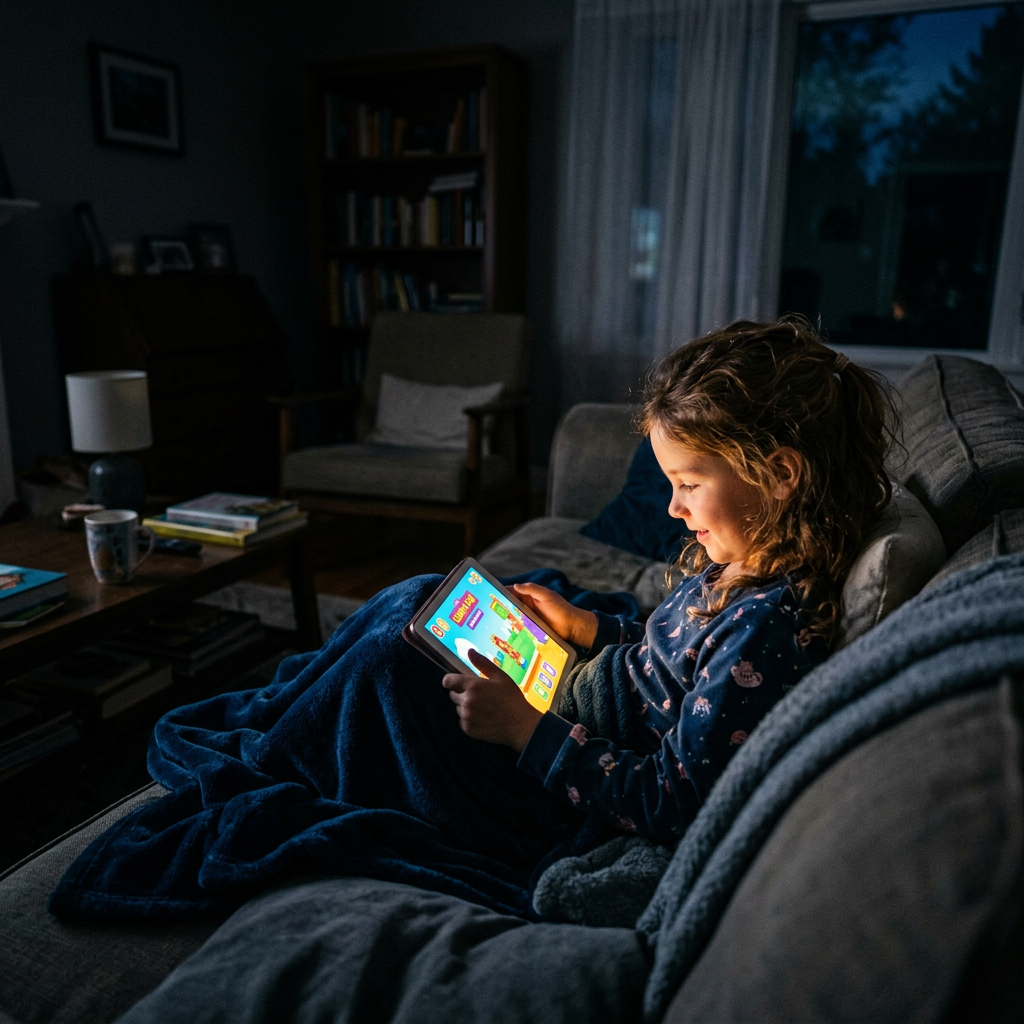 Child sitting on couch wrapped in blanket playing game on tablet in dim living room