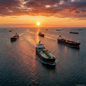 Four cargo ships sailing through a fjord with mountainous shores at sunset