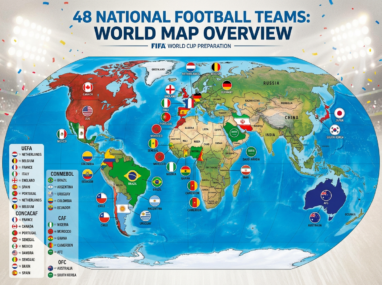 World map showing 48 national football teams with flags and country names for FIFA World Cup preparation.