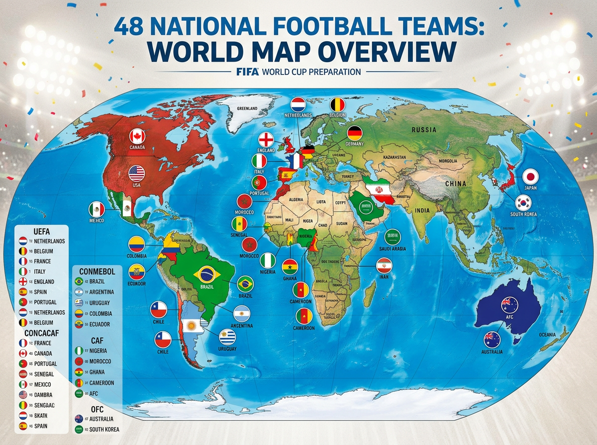 World map showing 48 national football teams with flags and country names for FIFA World Cup preparation.