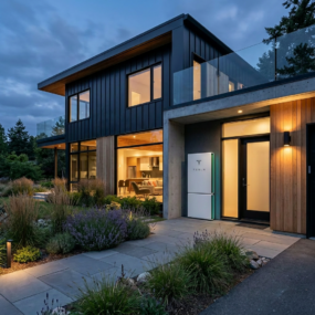Contemporary two-story house at dusk with large windows and smart energy storage unit mounted outside