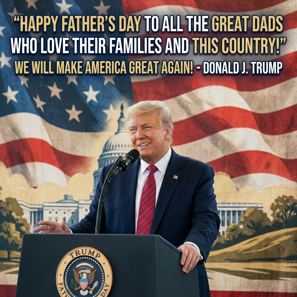 Donald J. Trump speaking at a podium with a patriotic backdrop and Father's Day message