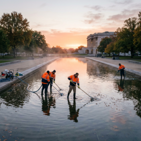 Four workers in orange safety vests cleaning a long reflecting pool with tools at sunrise