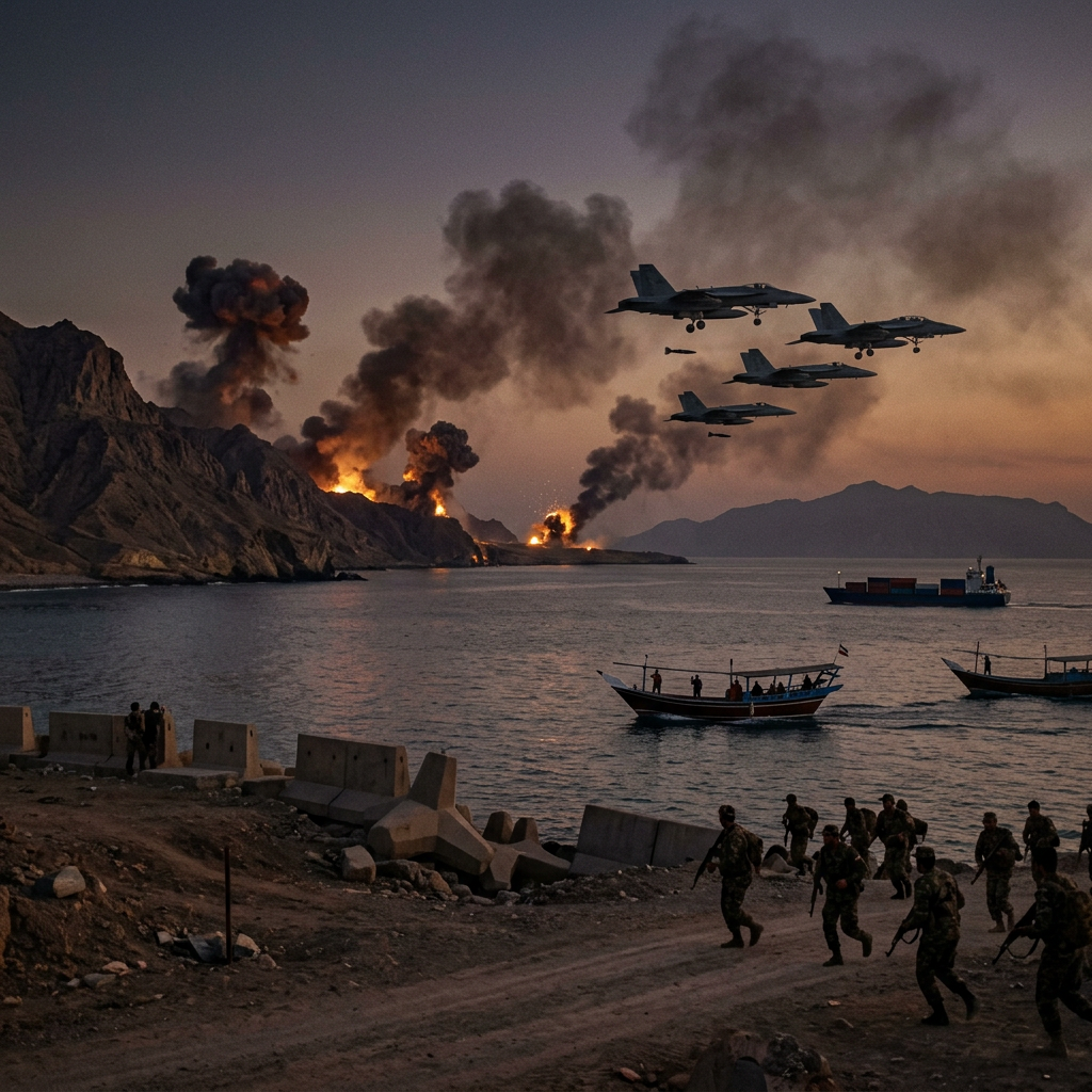 Fighter jets dropping bombs over coastal area with explosions and soldiers on shore