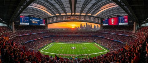 Packed football stadium with fans waving flags during sunset and city skyline in background