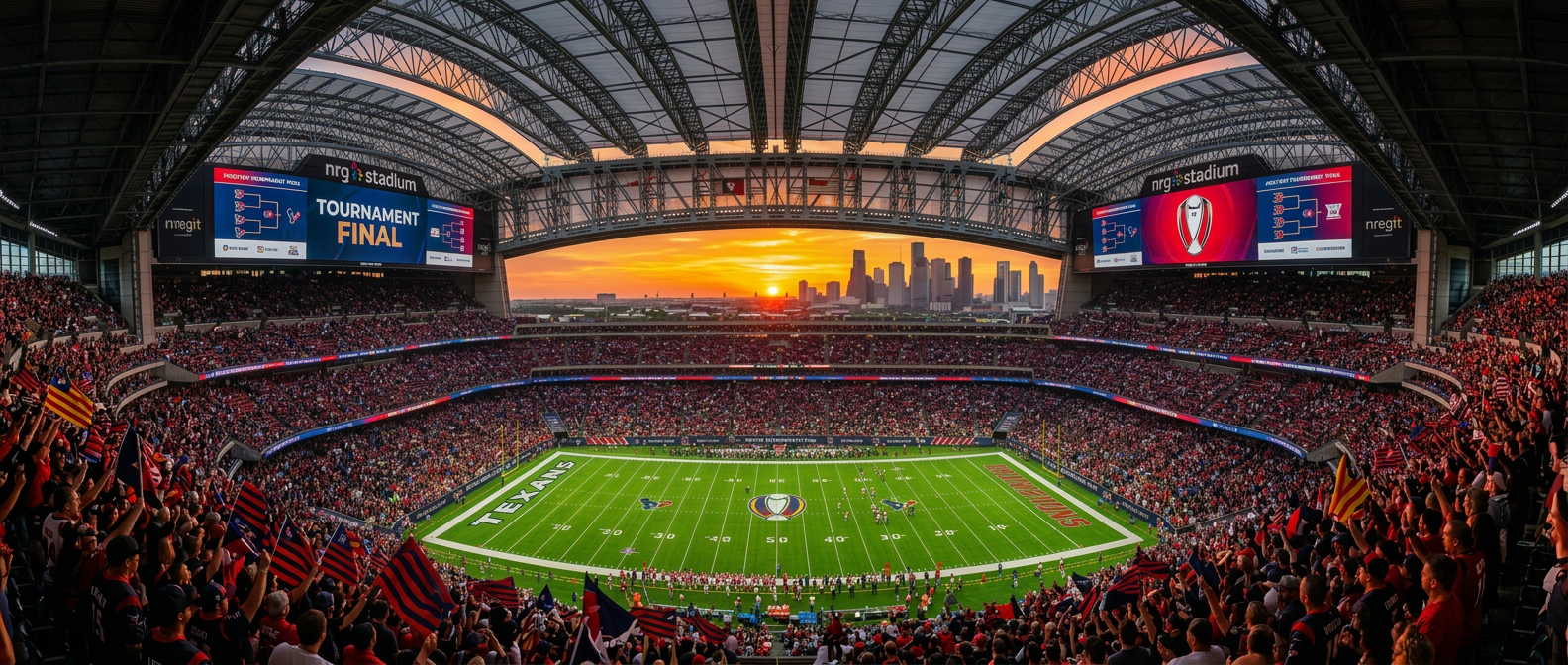 Packed football stadium with fans waving flags during sunset and city skyline in background