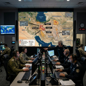 Military command center with personnel at computers and a large regional map showing Syria, Iraq, Jordan, and neighboring countries