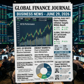 Financial news board showing global market performance, sector allocation, and economic headlines for June 29, 2026