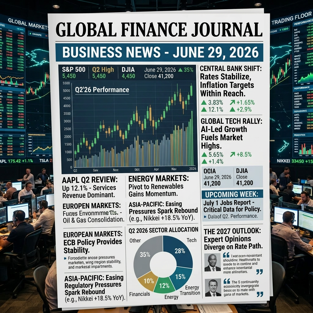 Financial news board showing global market performance, sector allocation, and economic headlines for June 29, 2026