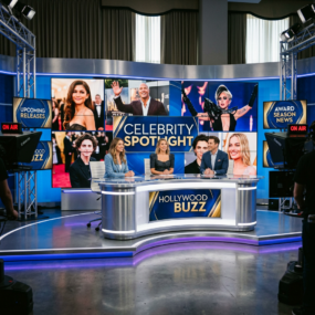 Four hosts seated at a news desk with celebrity photos and show graphics behind them