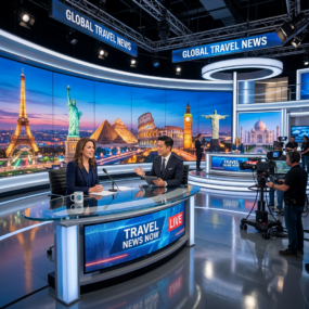 Two news anchors seated at a desk in a studio discussing global travel, with famous landmarks in the background