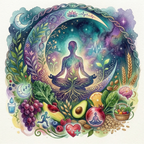 Silhouette meditating surrounded by plants, fruits, and wellness symbols