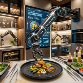 Robotic arm placing scallops on a plate with vegetables and garnishes