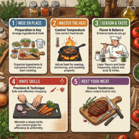 Five illustrated cooking tips including mise en place, mastering heat, seasoning, knife skills, and resting meat.