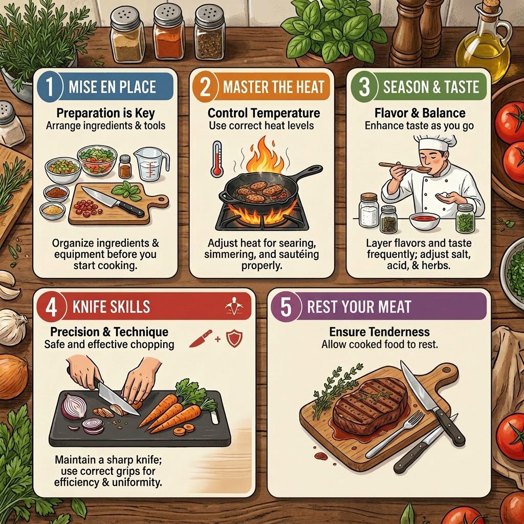 Five illustrated cooking tips including mise en place, mastering heat, seasoning, knife skills, and resting meat.