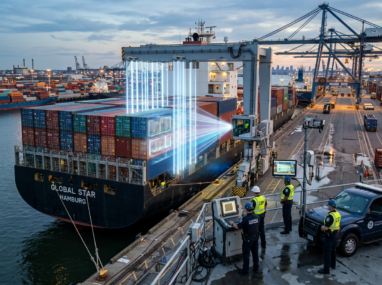 Officials scanning containers on the cargo ship Global Star at a port using advanced scanning equipment