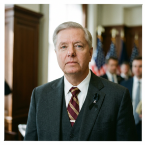 Man in dark suit with striped burgundy tie and black awareness ribbon on lapel