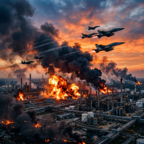 Six fighter jets flying over an industrial area with large fires and thick black smoke