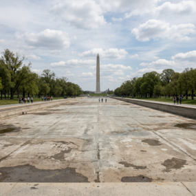 Empty Reflecting Pool leading to the Washington Monument with trees and people walking alongside